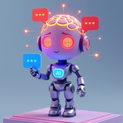 Fototapeta premium A futuristic AI robot, embodying the cutting-edge of artificial intelligence, stands confidently against a backdrop of complex digital circuitry