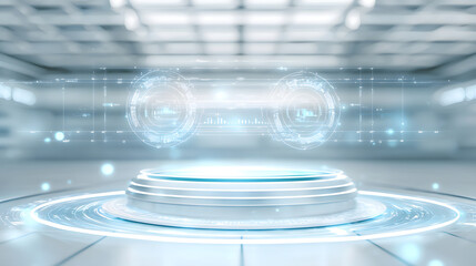 Futuristic holographic display showcase modern tech lab visual presentation high-tech environment aerial view innovation concept