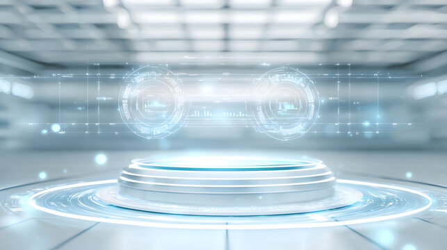 Futuristic holographic display showcase modern tech lab visual presentation high-tech environment aerial view innovation concept