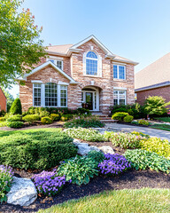 Brick house, landscaped yard, sunny day, suburban neighborhood, real estate listing