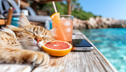 Cat naps by beach cocktail; phone nearby. Summer vacation scene