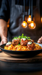 Chef presents meatballs pasta dish, warm lighting, restaurant setting, food photography