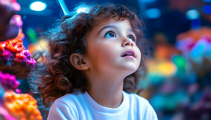 Child awestruck by aquarium exhibit, colorful coral background