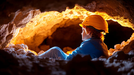 Child cave explorer, illuminated rocks, adventure