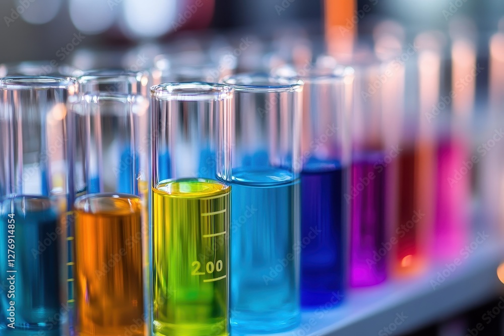 Aufkleber colorful liquids in test tubes arranged on a table showcasing various chemical experiments and react