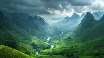 Fototapeta premium A vast verdant valley framed by towering misty mountains, where nature thrives under a dramatic sky.