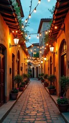 Obraz premium Charming rustic alleyway with string lights at dusk in a quaint village setting