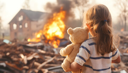 Child watches burning house, holding teddy