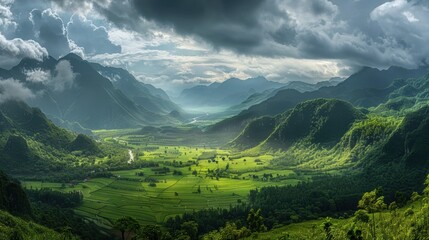 Obraz premium A vast verdant valley framed by towering misty mountains, where nature thrives under a dramatic sky.