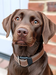 Chocolate Lab puppy, curious gaze, brick wall background, pet portrait