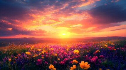Fototapeta premium Vibrant Prairie Landscape at Dusk with Wildflowers and a Brilliant Sky – Generative AI