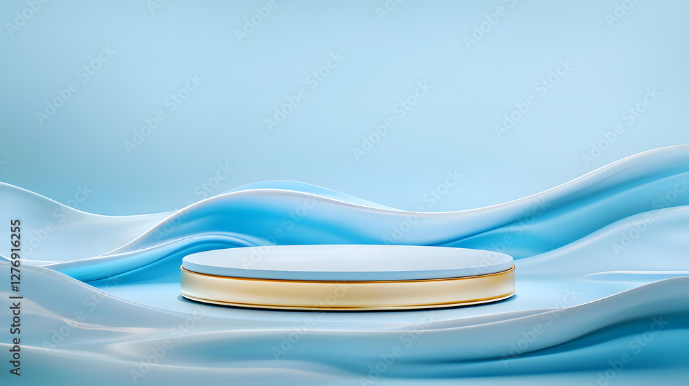Poster elegant display platform on soft blue fabric waves studio setting product presentation calm environm