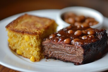 Delicious southern-style barbecue with cornbread and beans served on a white plate