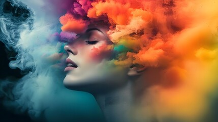 A surreal portrait of a woman with colorful cloud-like hair, blending art and emotion.