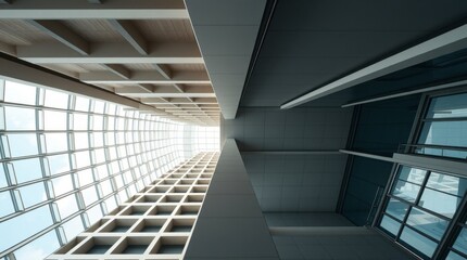 Obraz premium Looking Up at Modern Architectural Design with Windows and Concrete Structure