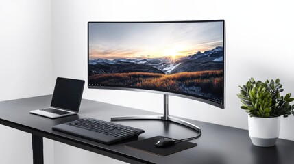 Fototapeta premium Modern workspace featuring curved monitor, laptop, and keyboard with a scenic mountain view at sunset