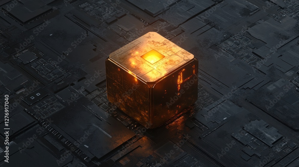 Poster golden cube glows amidst intricate circuit board pattern concept