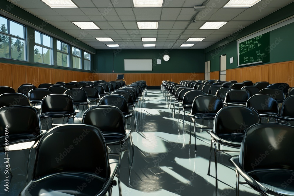 Aufkleber empty classroom with rows of chairs and large windows letting in natural light during daytime