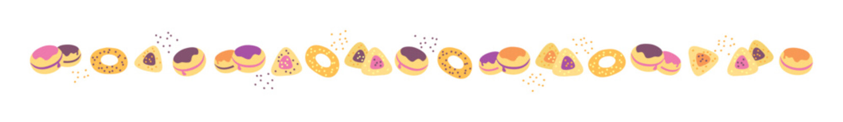 
Delicious cookies, bagels and donats on one line, can be repeated. Good for cafe or bakery, borders and frames.