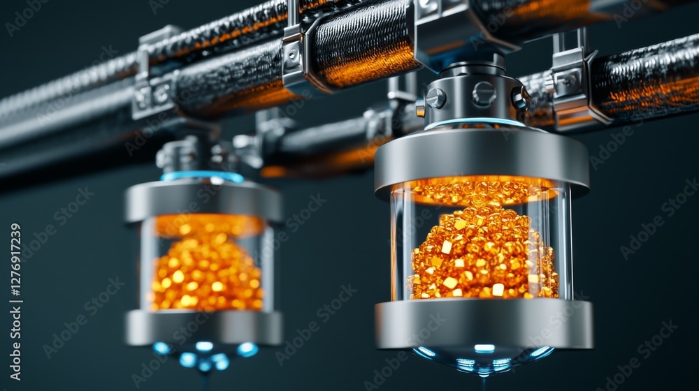 Poster high-tech machinery extracting luminous gold from transparent containers in a futuristic setting wit