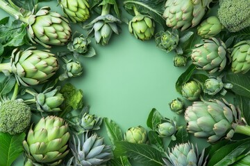 Vibrant Green Artichoke  Broccoli Frame Fresh, Healthy, Organic Produce Background