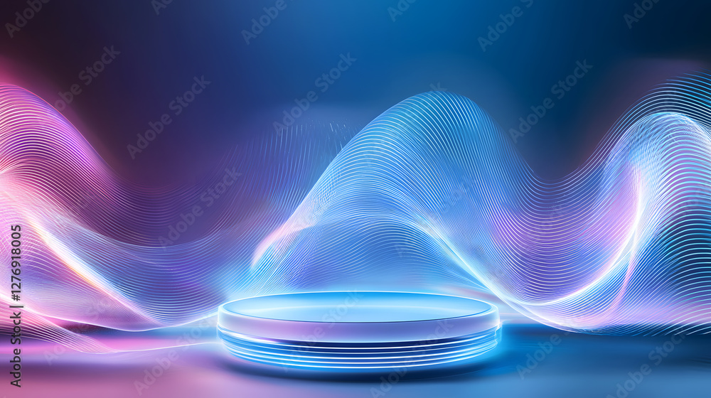Aufkleber dynamic light waves on circular platform digital studio abstract art futuristic environment eye-leve