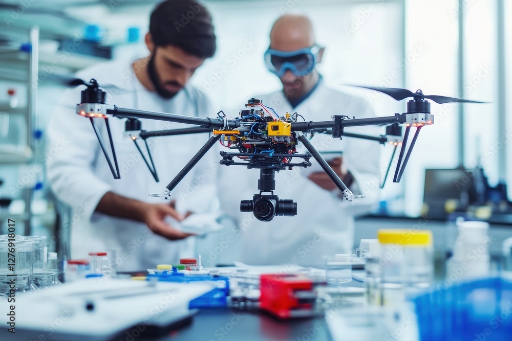 Poster scientists examine a drone in a laboratory setting while conducting research on advanced technology 