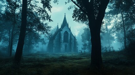 Mysterious gothic church shrouded in eerie morning fog within a dark forest.