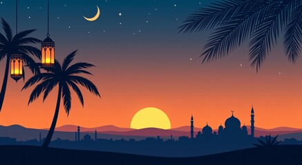 Naklejka premium Ramadan Eid Lanterns Night. Serene cityscape background for greetings, banners, social media. Twilight sky, stars, moon.