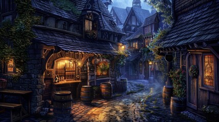 Naklejka premium A dimly lit medieval tavern nestled in a cobblestone alley, exuding warmth from glowing lanterns and rustic wooden beams.