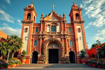 Obraz premium Vibrant flower-adorned hispanic church facade with twin bell towers