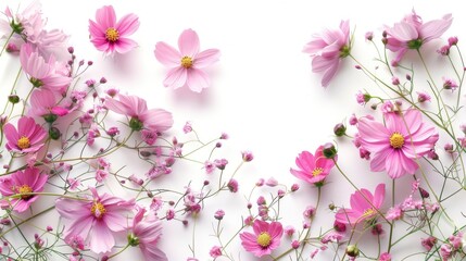 Pink flowers on a white background with space to copy. Spring background for greeting card.