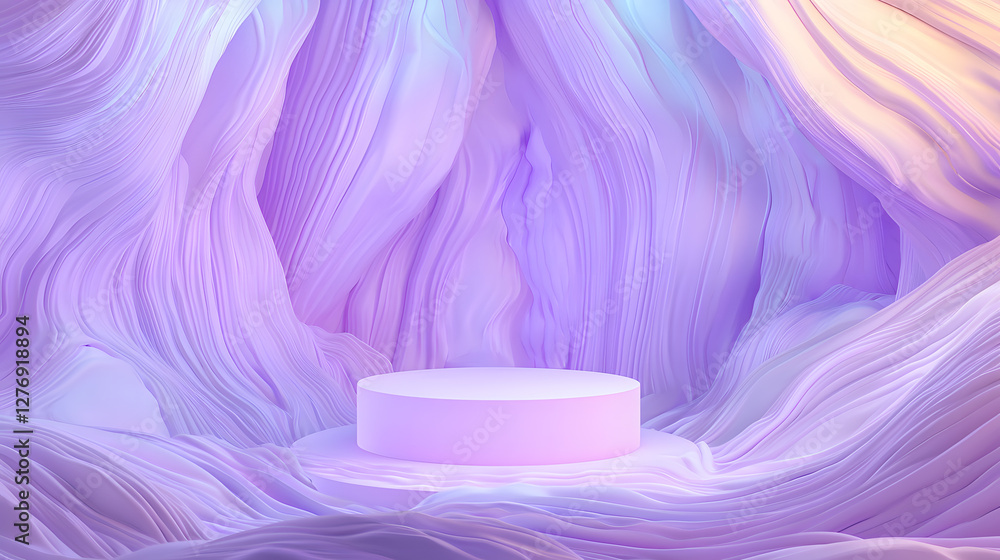 Aufkleber illuminated circular platform surrounded by flowing textured fabric creative studio environment 3d r
