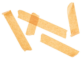 Yellow adhesive paper tape isolated on a white background, top view. Set of masking tape streaks.