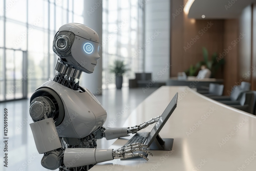 Aufkleber robotic assistant engages with touchscreen in modern reception area during daylight hours