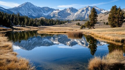 Fototapeta premium Serene Mountain Landscape with Clear Reflection in Calm Water