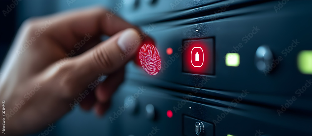 Poster a hand is pressing a button with a red light on it