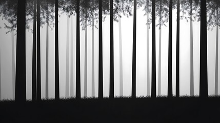 Monochrome forest scene with tall trees and fog.