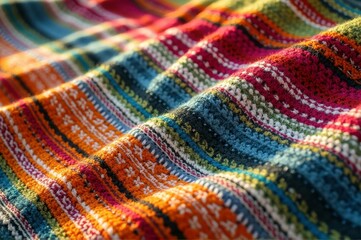 Colorful knitted textile with striped patterns and intricate designs