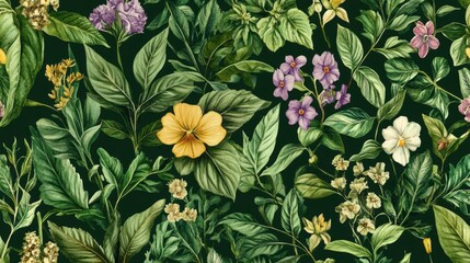 Naklejka premium Lush floral pattern with colorful flowers and green leaves on dark background