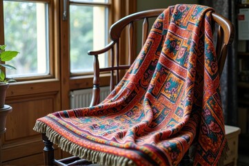 Ornate multicolored blanket on wooden chair by sunlit window in cozy room