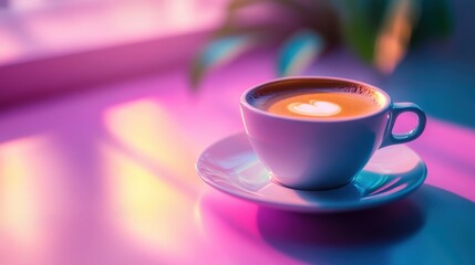 Fototapeta premium A beautifully crafted latte art coffee cup on a saucer, illuminated by soft pastel lighting