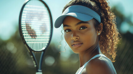 Confident young afro woman in blue visor holding tennis racket looking directly into camera with calm yet competitive gaze. National Tennis Pro Day