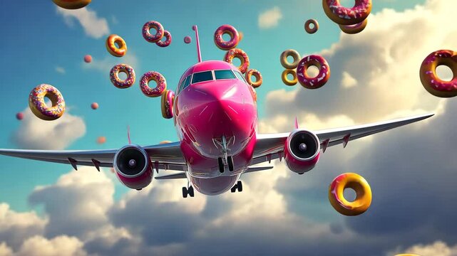 A pink airplane is flying through a sky full of donuts. The donuts are scattered all over the sky, with some closer to the plane and others farther away. The scene is whimsical and playful