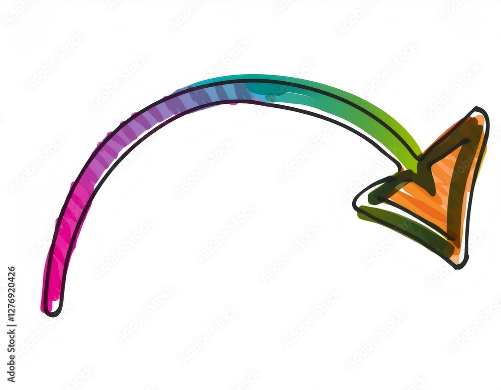 Poster curved neon arrow directing downward and right, emphasizing dynamic visual movement