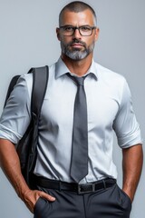 Fototapeta premium Business professional wearing a stylish shirt and glasses poses confidently against a neutral background in a modern office setting