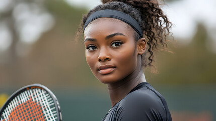 Confident young african female tennis player in black sports outfit, gripping her racket with composed expression. Strong posture and focused eyes, her passion for game on National Tennis Pro Day