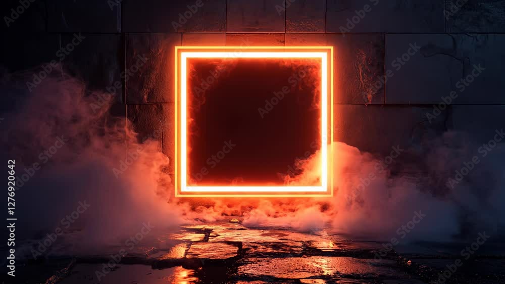 Poster neon square frame changing colors with smoke and reflections on a wet floor, creating a mysterious a