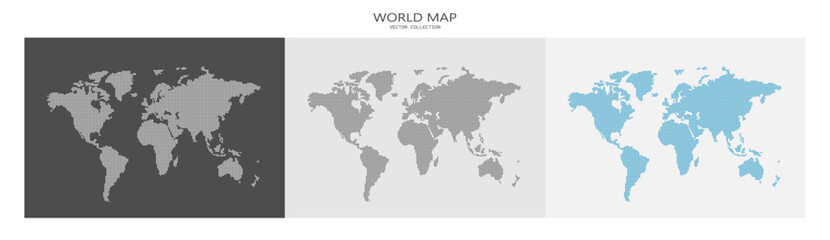 A set of three point maps of the world in a modern style. A world map made up of dots on different backgrounds. Vector graphics EPS 10.