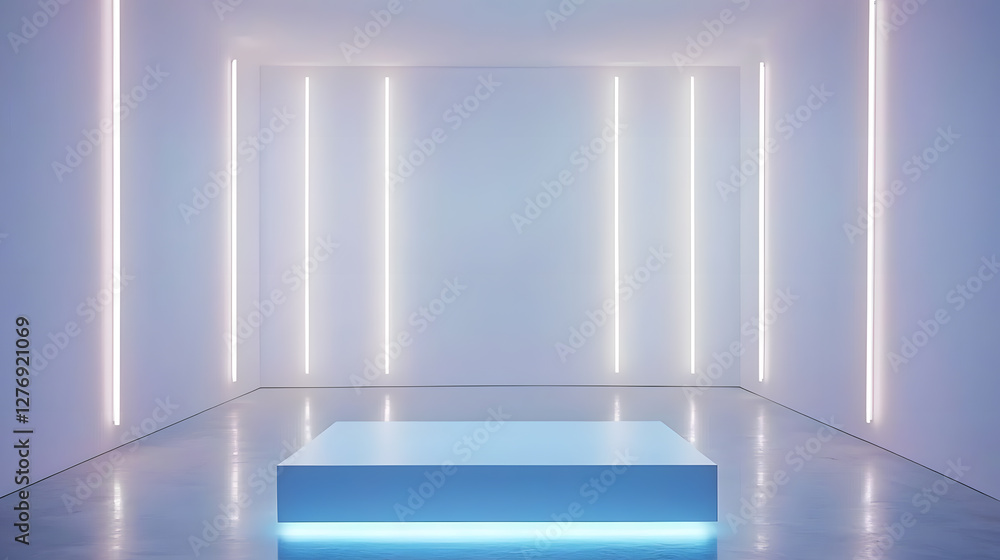 Poster illuminated minimalist space art installation modern gallery high-tech environment wide-angle view c